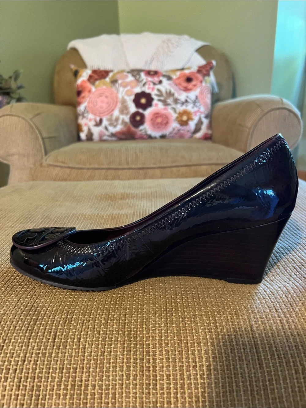 Tory Burch Deep Burgundy Patent Leather Logo Wedges with Deep Burgundy Insole